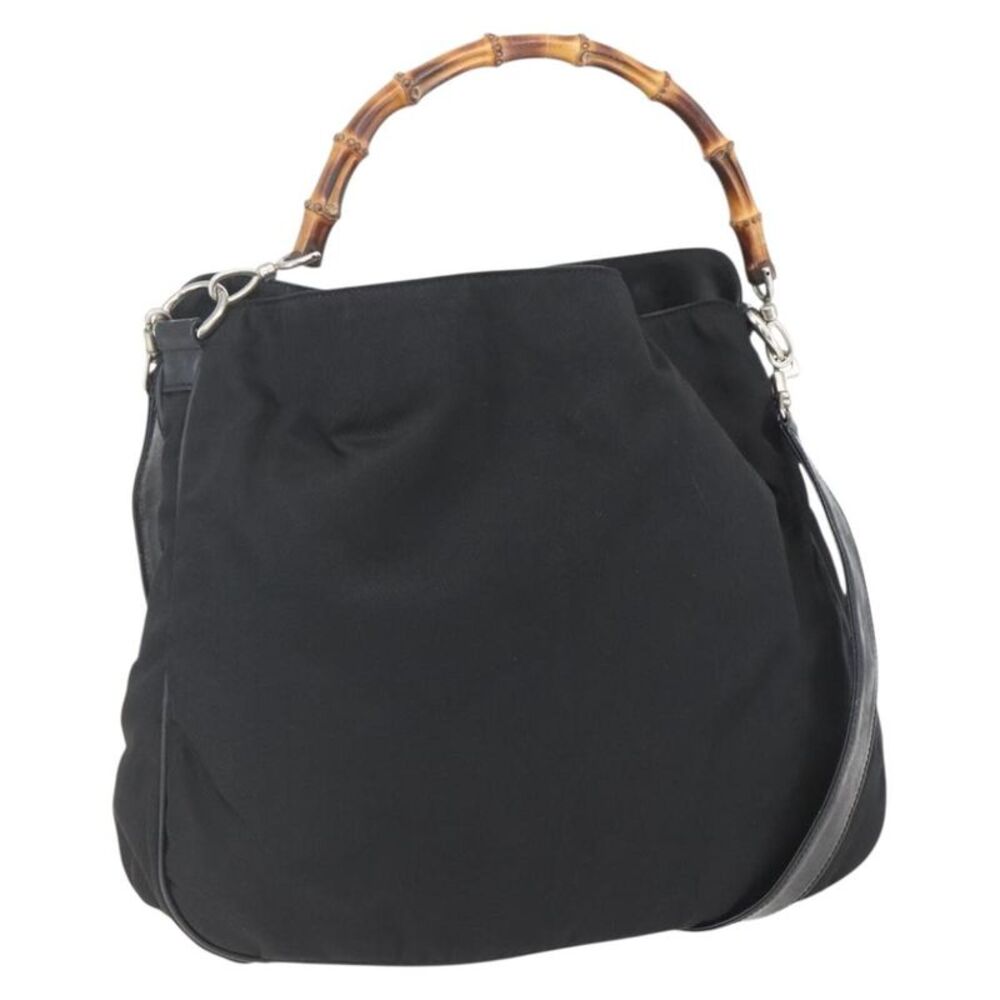 Gucci Vintage Bamboo Nylon And Patent Leather Black Nylon Handbag
